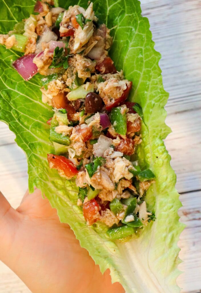 A tuna salad in a lettuce leaf