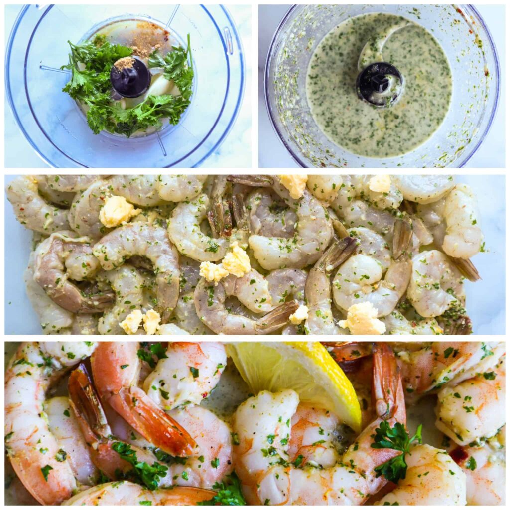 A photo of the ingredients in the food processor, marinated shrimp with parsley and lemon slices on top