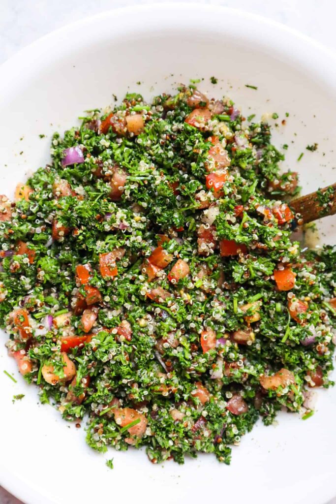 A large salad bowl of tabbouleh