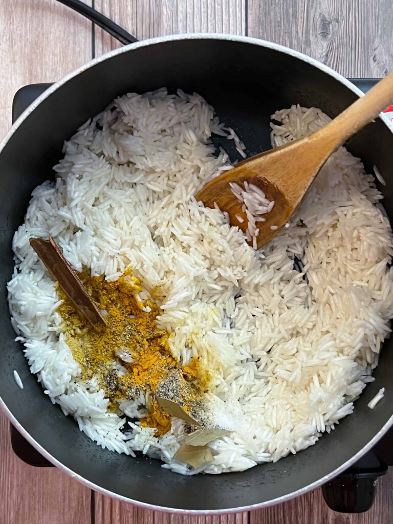 Toasting the basmati rice with the spices