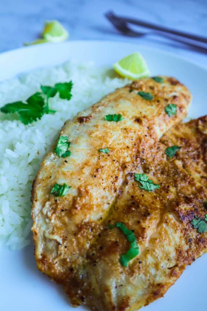 A dish of one piece of Egyptian pan seared tilapia with a side of white rice and cilantro and lemon slices as a garnish