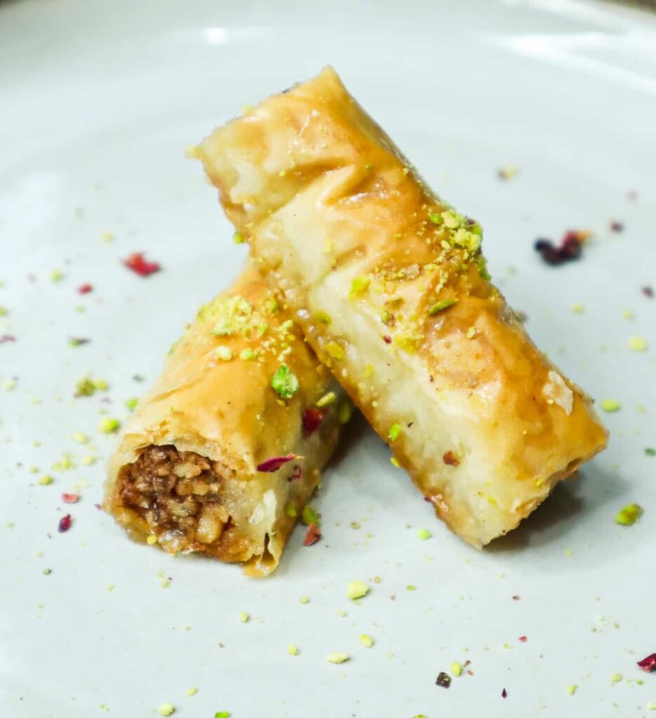 Two pieces of baklava in a plate