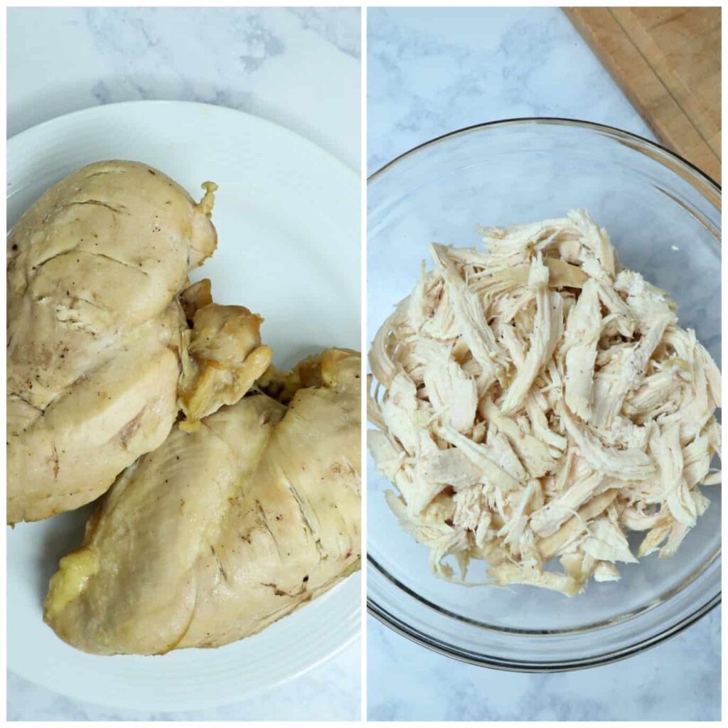 a plate of chicken breasts and a bowl of shredded chicken