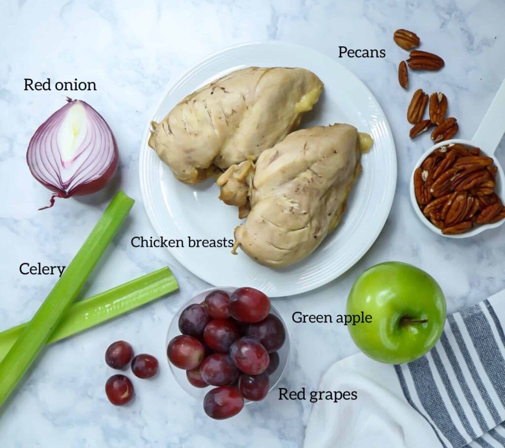 A plate of 2 chicken breasts, celery, red grapes, green apples, pecans and red onion