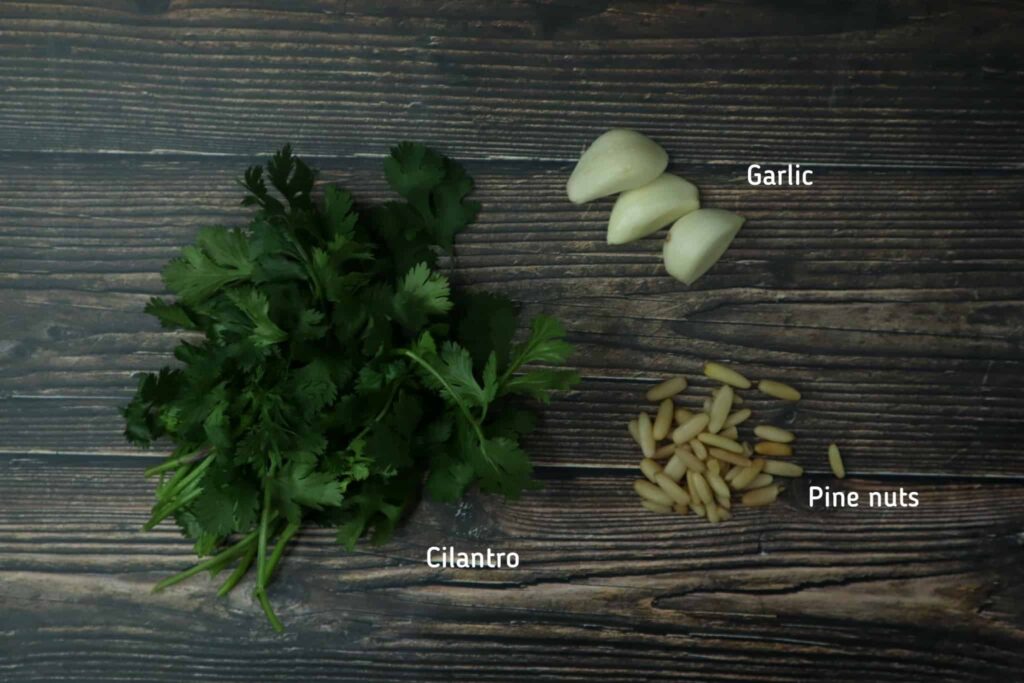 a bunch of cilantro, 3 cloves garlic and pine nuts