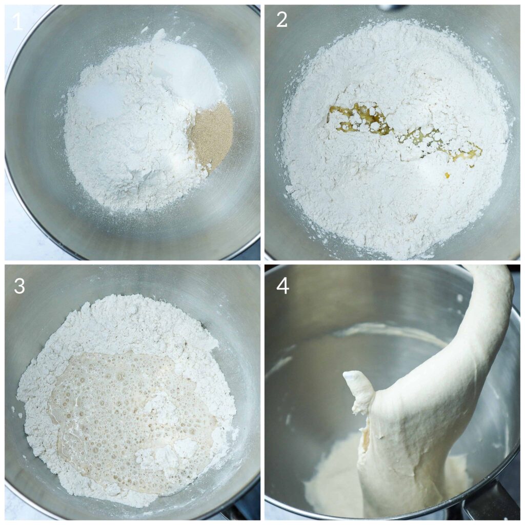A bowl of flour, yeast, sugar, salt, olive oil and water mixed in stand mixture