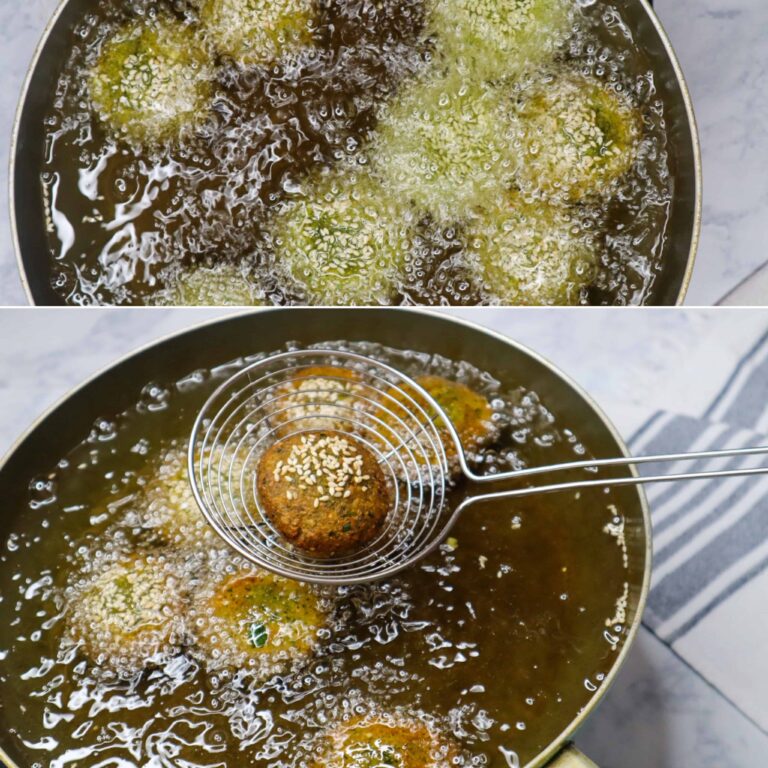 two photos of frying the Egyptian falafel