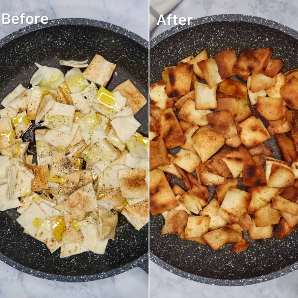 Two pans of pita bread before and after toasting