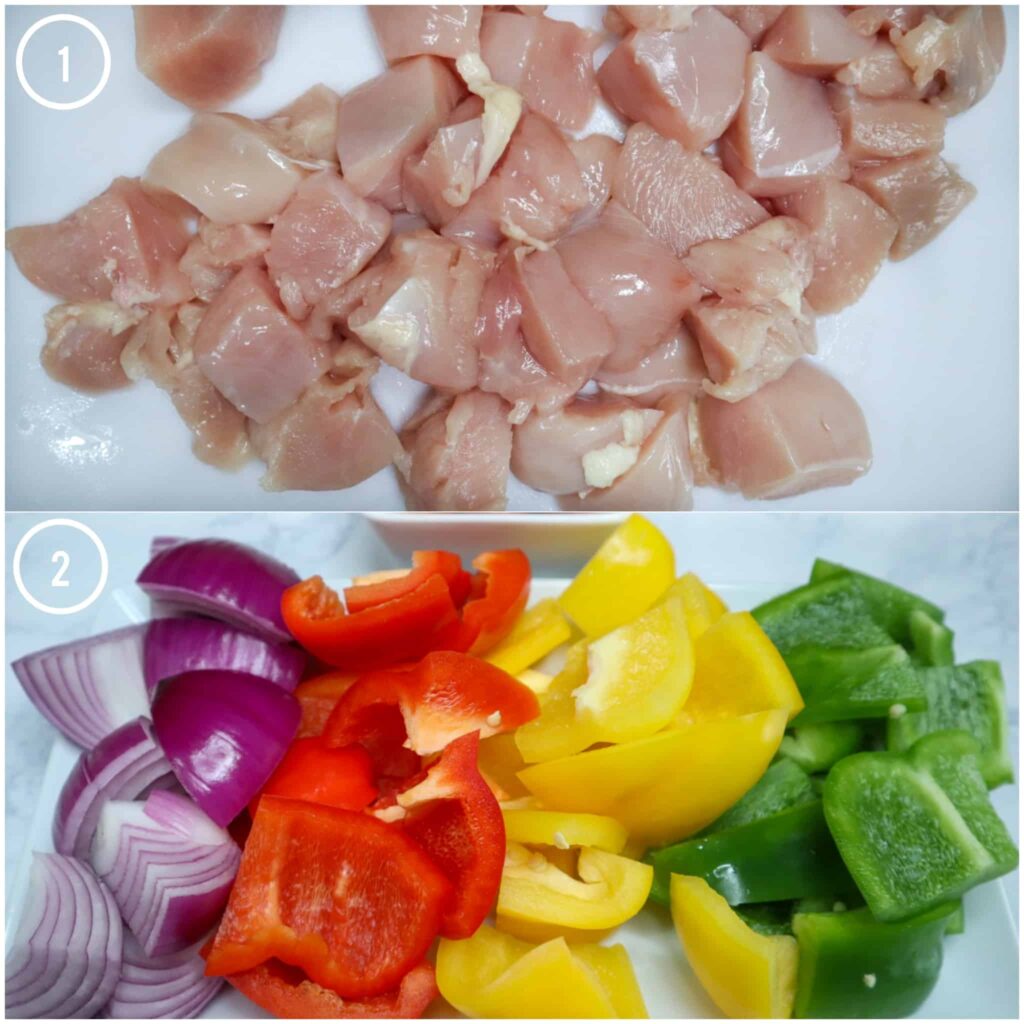 two photos of cubes chicken and squares vegetables