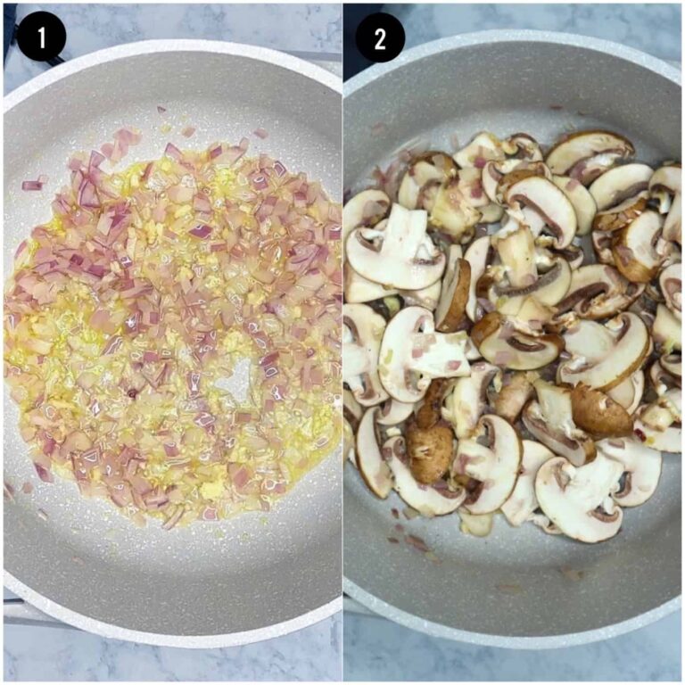 A pot with cooked onions, garlic and mushrooms