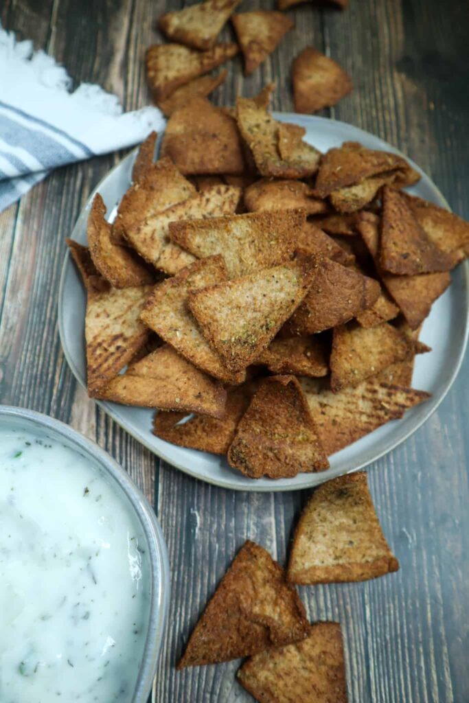 A plate has air fryer pita chips
