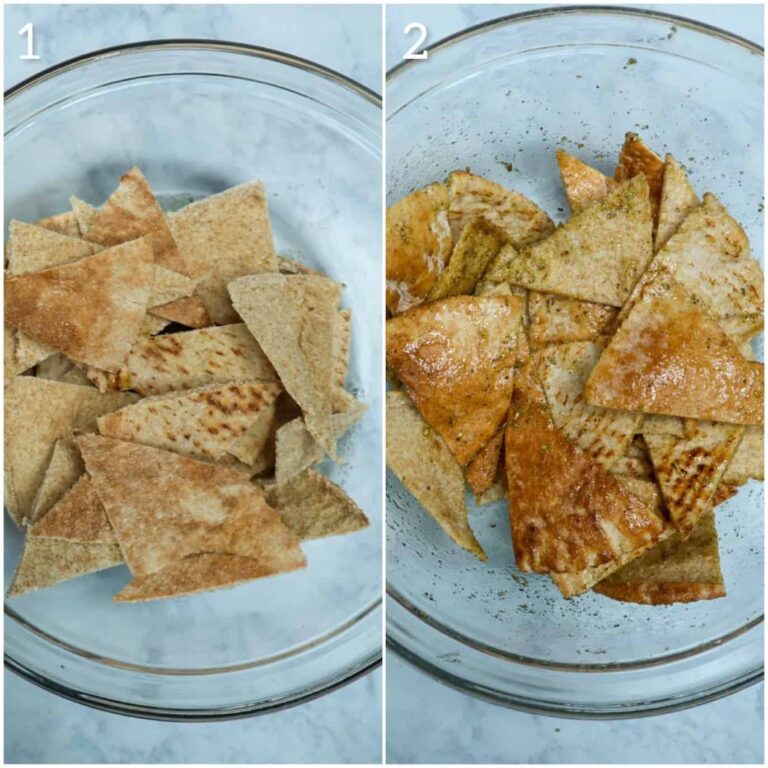 two bowls of pita bread before and after seasoning