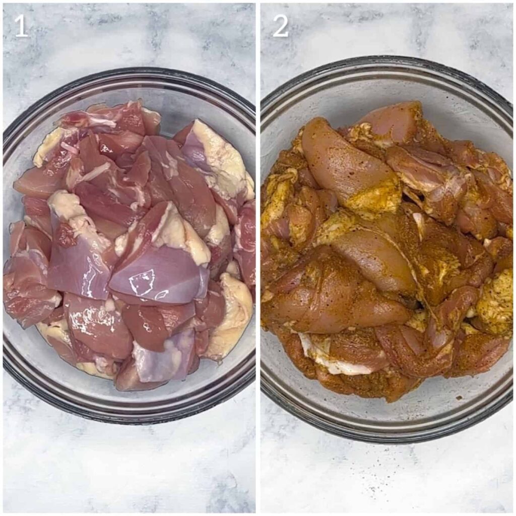 two bowl of chicken before and after seasoning