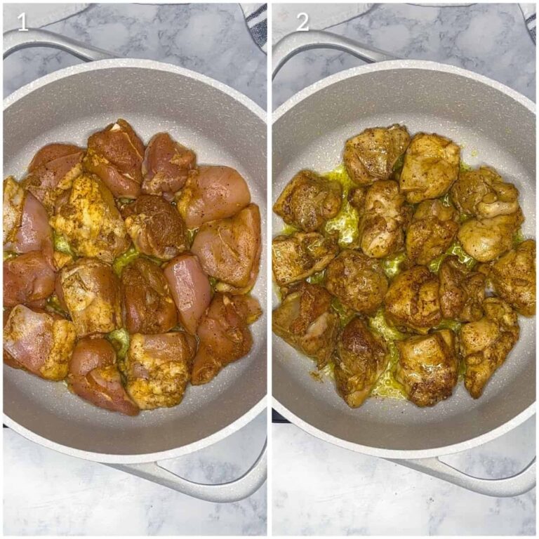 Two photos of seared  thighs before and after