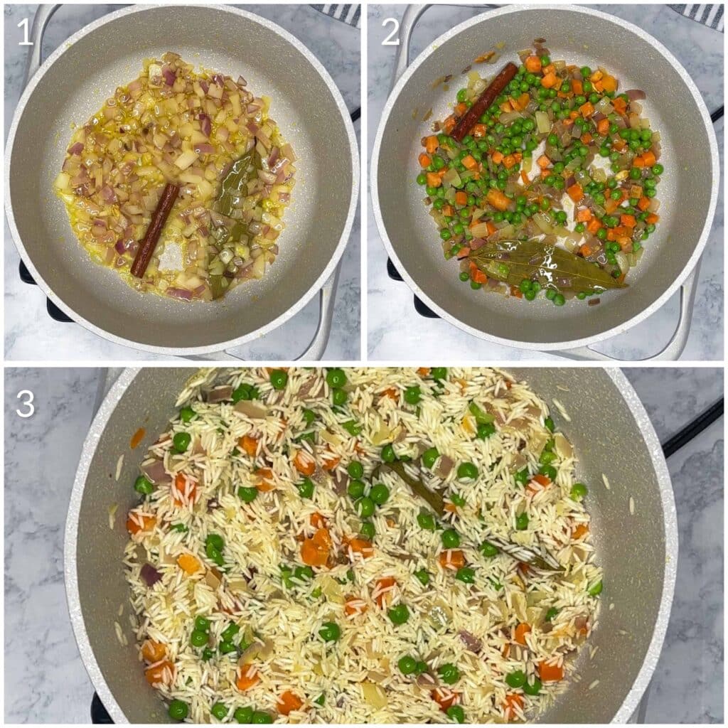 A pot with onions, garlic, another pot with peas and carrots added and a pot with basmati rice added