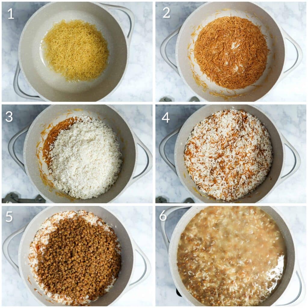 Six steps pf how to make koshary rice and lentils