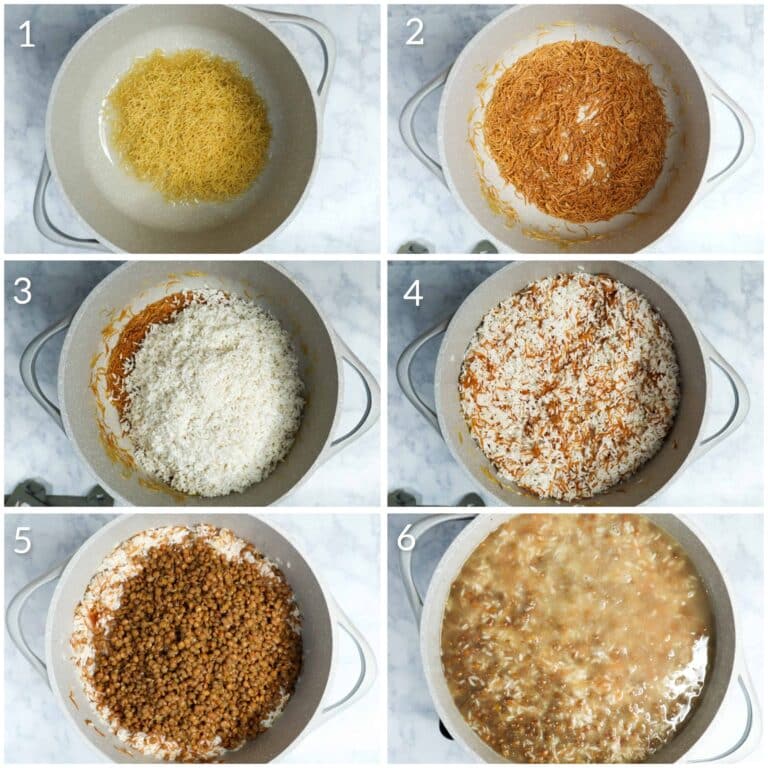 Six steps pf how to make koshari rice and lentils