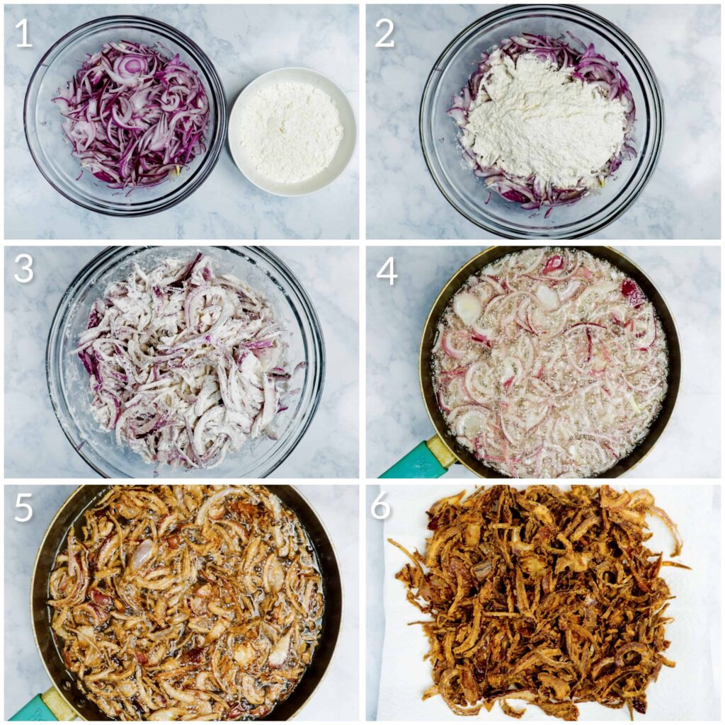 Six steps of how to make the koshary fried crispy onions