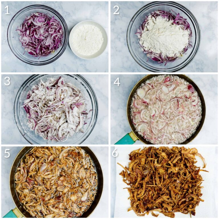 Six steps of how to make fried crispy onions