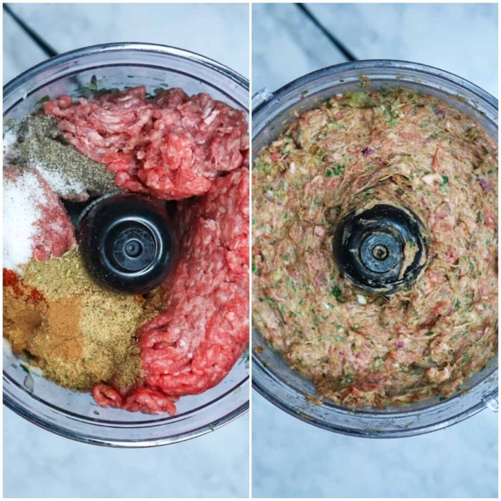 Ground beef, spices, parsley and onions in the food processor
