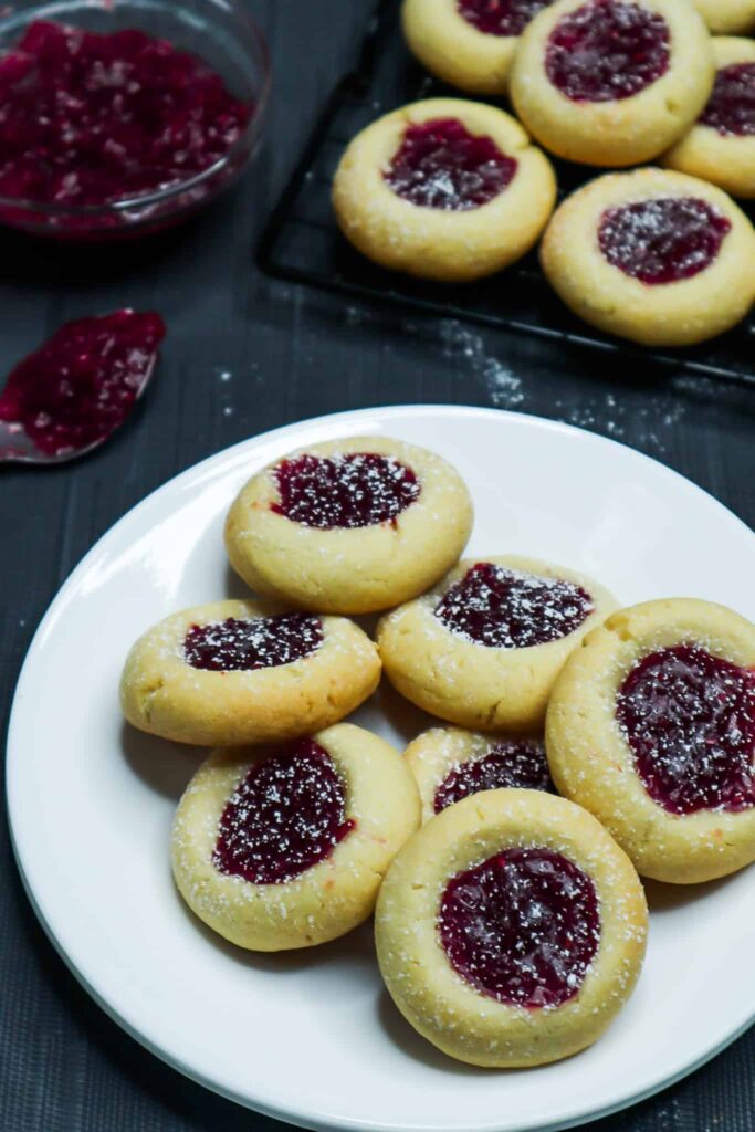 A thumbprint cookies on a dish