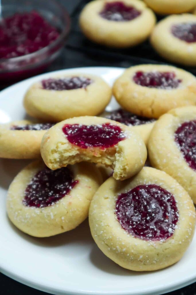 A thumbprint cookies on a plate