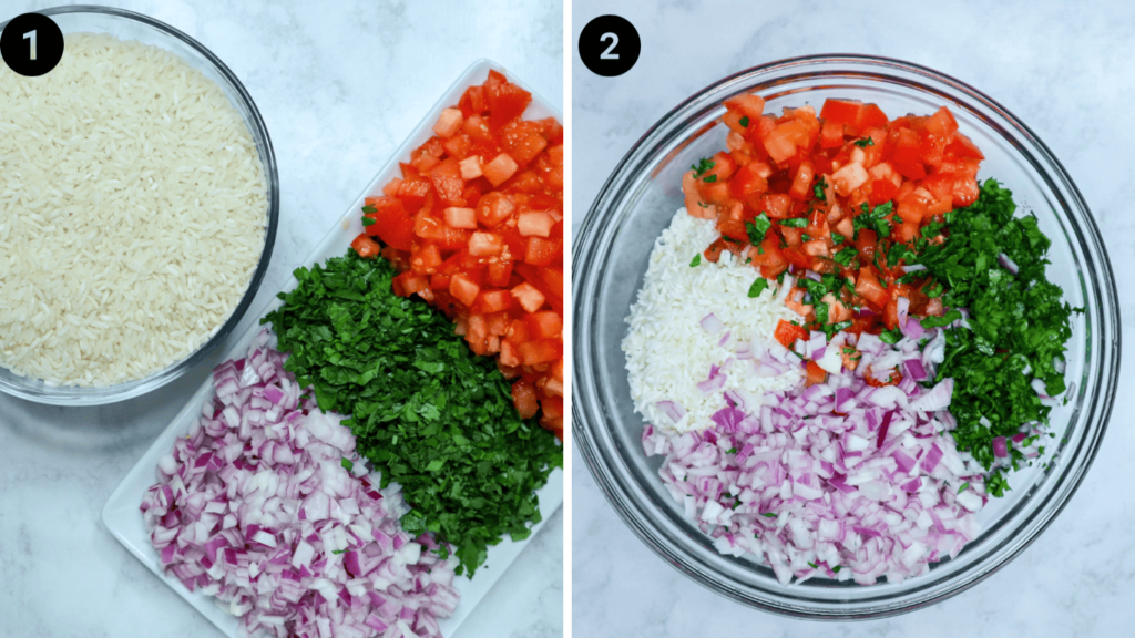 A bowl of white rice, chopped tomatoes, onions and parsley