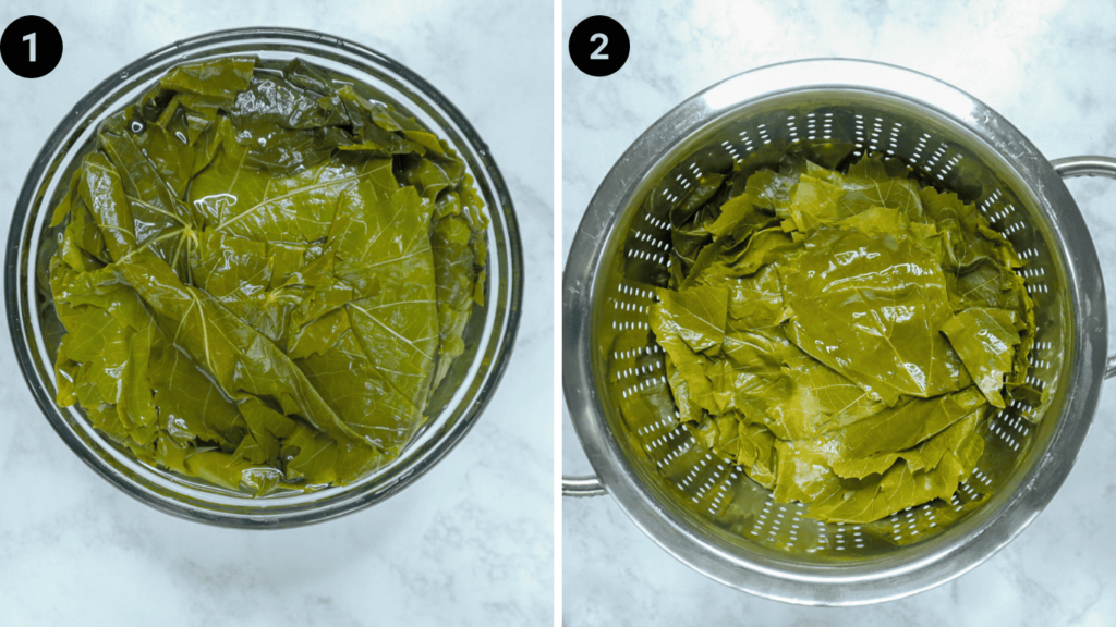 A photo of grape leaves soaked and drained 